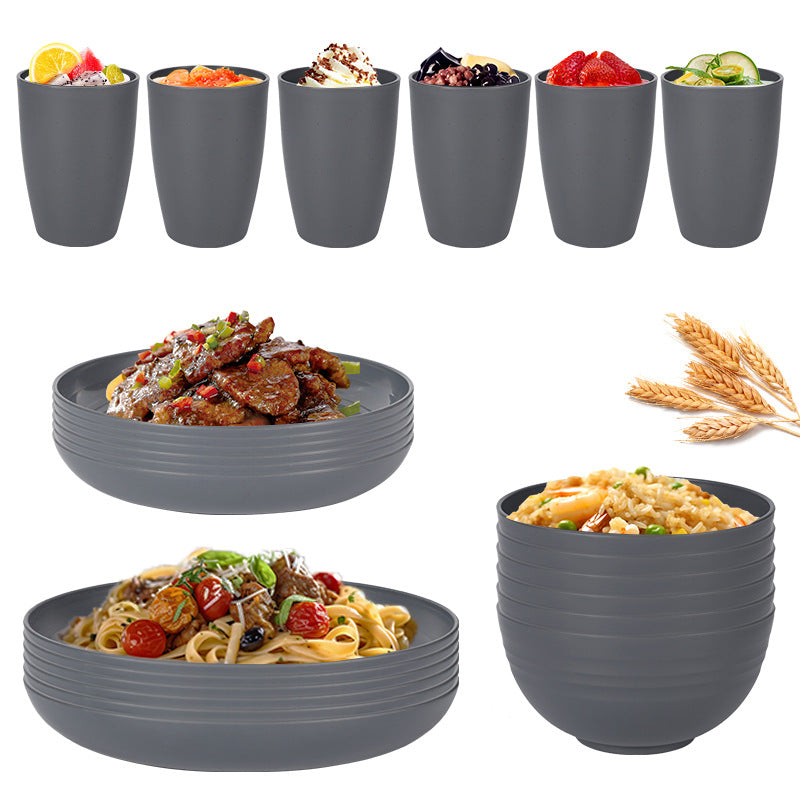 Wheat Straw Dinnerware Set | 24-Piece | Eco-Friendly | Plates, Bowls & Cups | Dark Grey