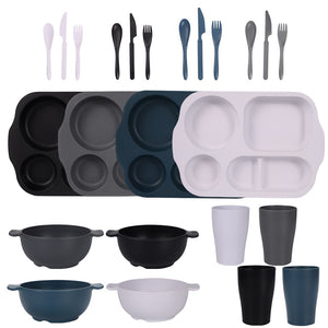 Wheat Straw Dinnerware Set | 24-Piece | Eco-Friendly | Plates, Bowls, Cups & Cutlery | Mixed Colours