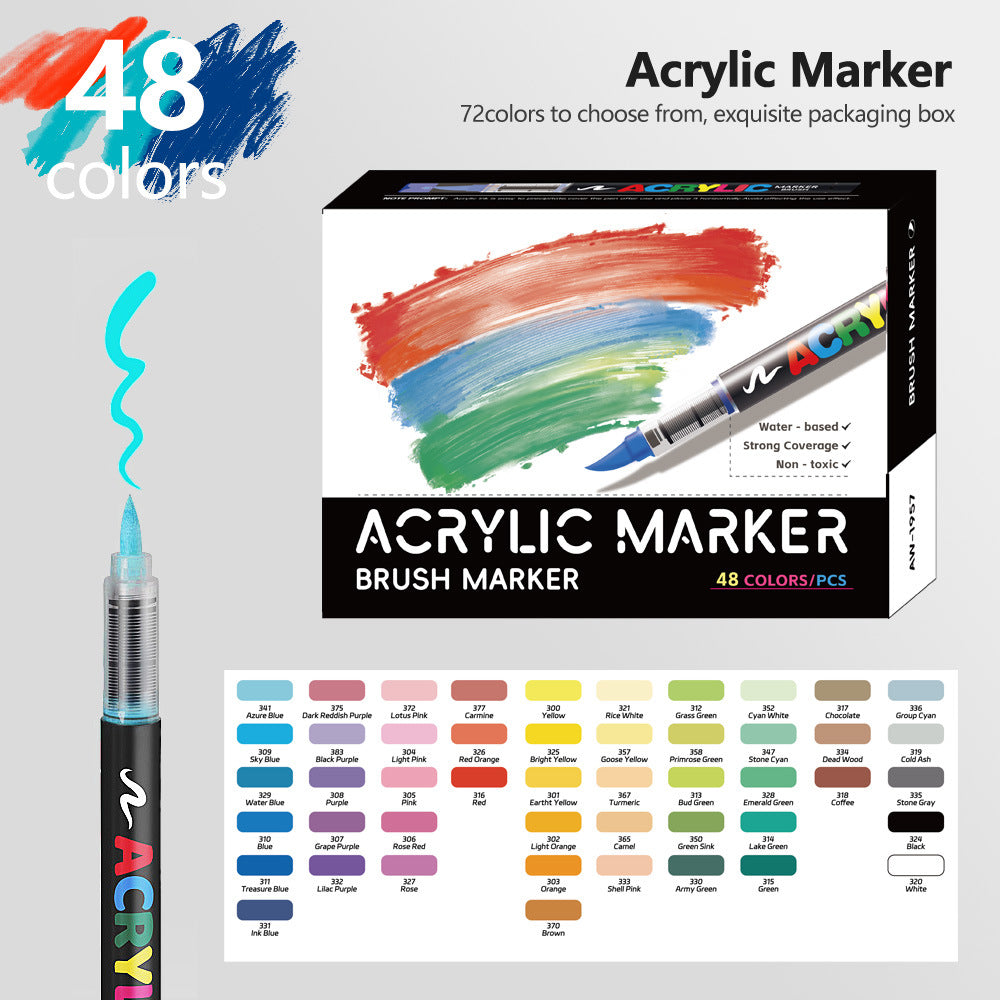 Acrylic Marker Pen Set | 48 Colours | Soft Brush Tip | 13.8cm | Vibrant Cyan | Art Pen