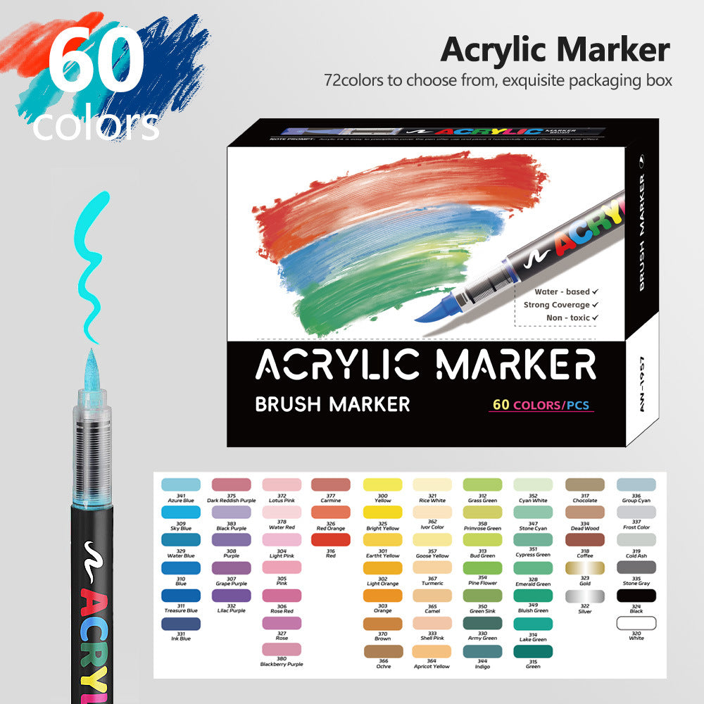 Acrylic Marker Pen Set | 60 Colours | Soft Brush Tip | 13.8cm | Vibrant Cyan | Art Pen