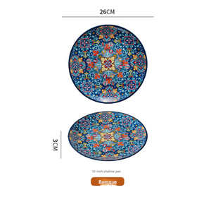 Bohemian Ceramic Shallow Plate | 10-Inch | Blue Baroque Design