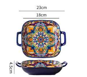Bohemian Ceramic Plate | 9-Inch Square with Handles | Kalia Design