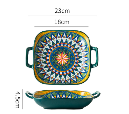 Bohemian Ceramic Plate | 9-Inch Square with Handles | Ember Design