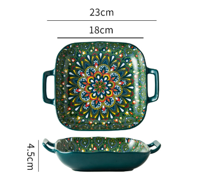 Bohemian Ceramic Plate | 9-Inch Square with Handles | Emerald Plume Design