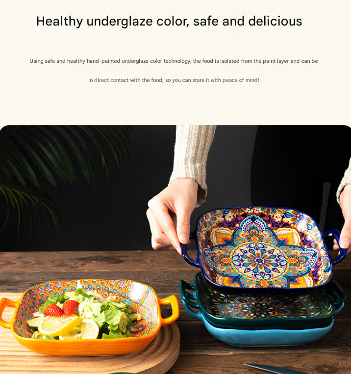 Bohemian Ceramic Plate | 9-Inch Square with Handles | Archaeopteryx Design