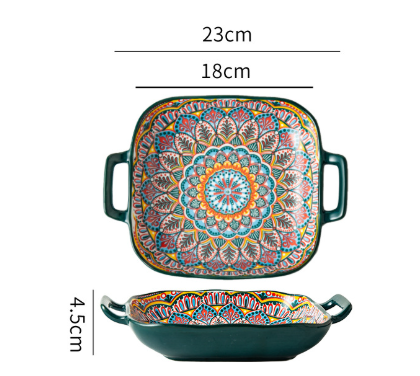 Bohemian Ceramic Plate | 9-Inch Square with Handles | Morocco Design