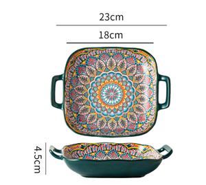 Bohemian Ceramic Plate | 9-Inch Square with Handles | Morocco Design