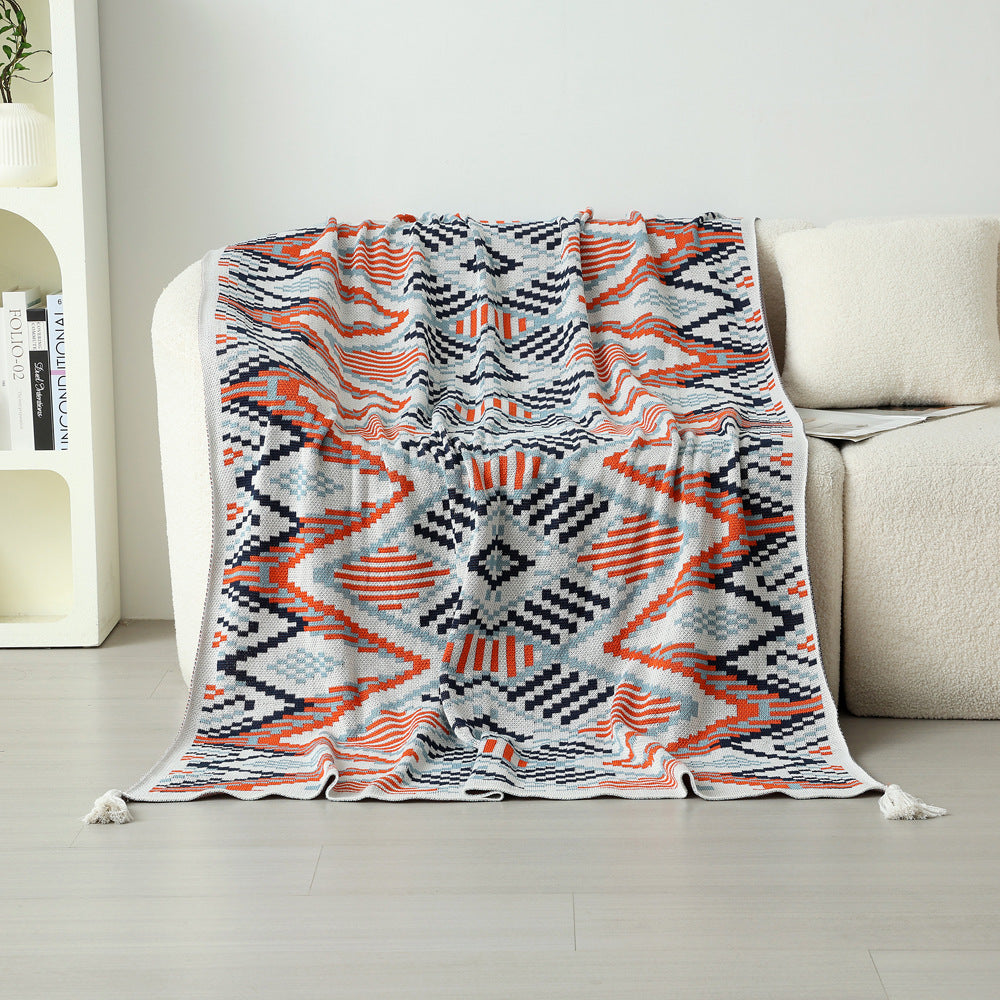Bohemian Knitted Sofa Blanket | Red-Blue | 130x170cm | 900g | Hotel & Nap Use