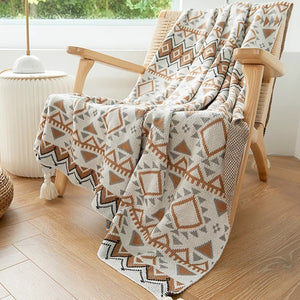 Bohemian Knitted Sofa Blanket | Beige-Grey | 130x170cm | 900g | Hotel & Nap Use