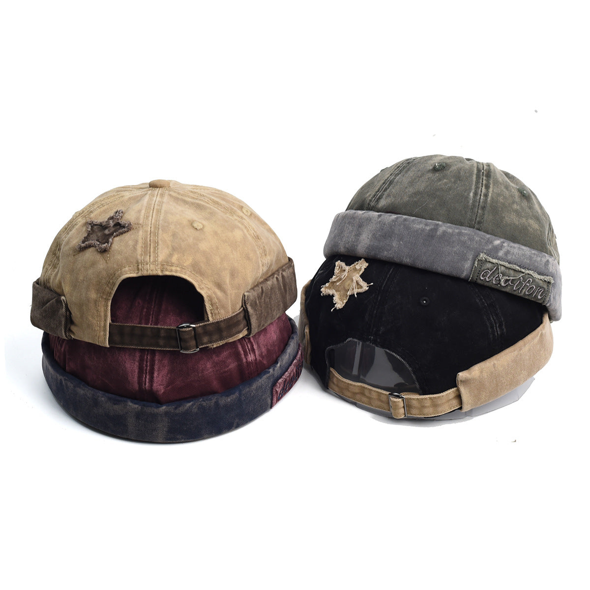 Vintage Cotton Docker Cap | Khaki | Star Patch | Unisex Brimless Beanie