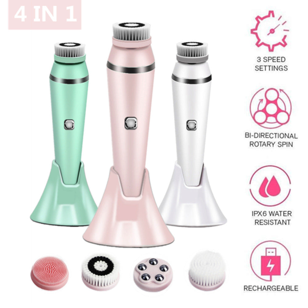 4-in-1 Facial Cleansing Brush | Electric & Waterproof | Bi-Directional Spin | 3 Speeds | USB Rechargeable | White