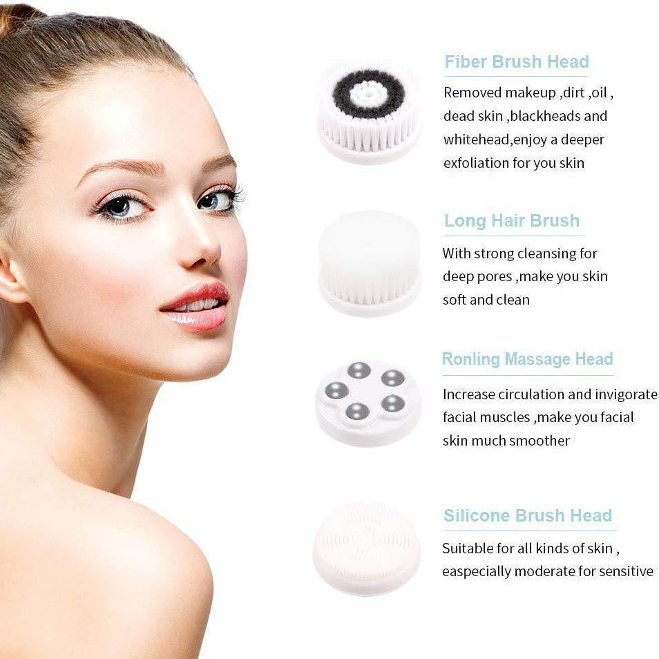 4-in-1 Facial Cleansing Brush | Electric & Waterproof | Bi-Directional Spin | 3 Speeds | USB Rechargeable | White