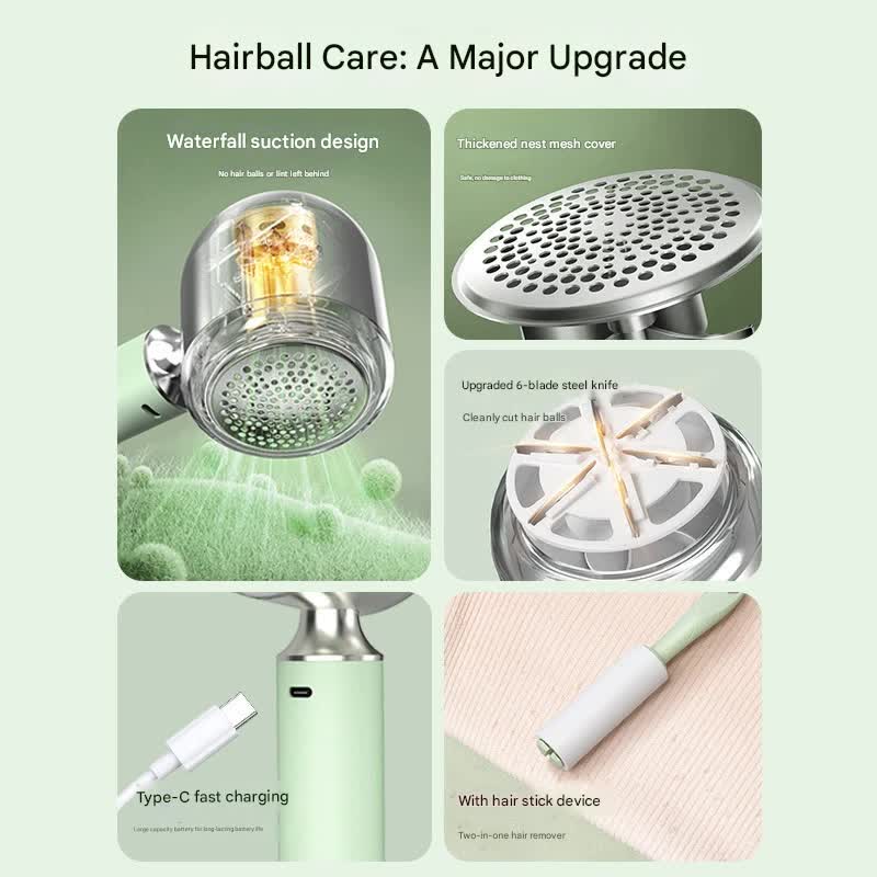 Electric Lint Remover | Upgraded 6-Blade with LED Display | USB-C Fast Charge | 2-in-1 Sticky Roller | Green