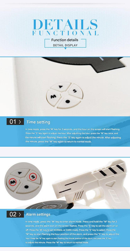 Gun Alarm Clock | Target Shooting | Infrared Gun | Recordable Sounds & Game Modes | White
