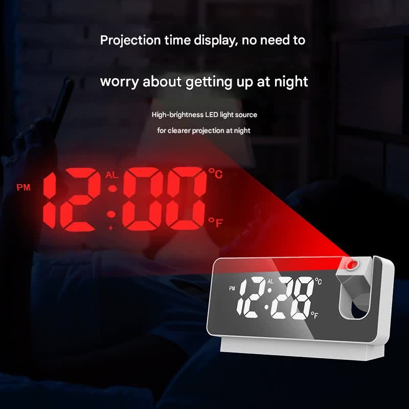 Projection Alarm Clock | LED | Temp, Date, Snooze | 180° Projector | Black Shell