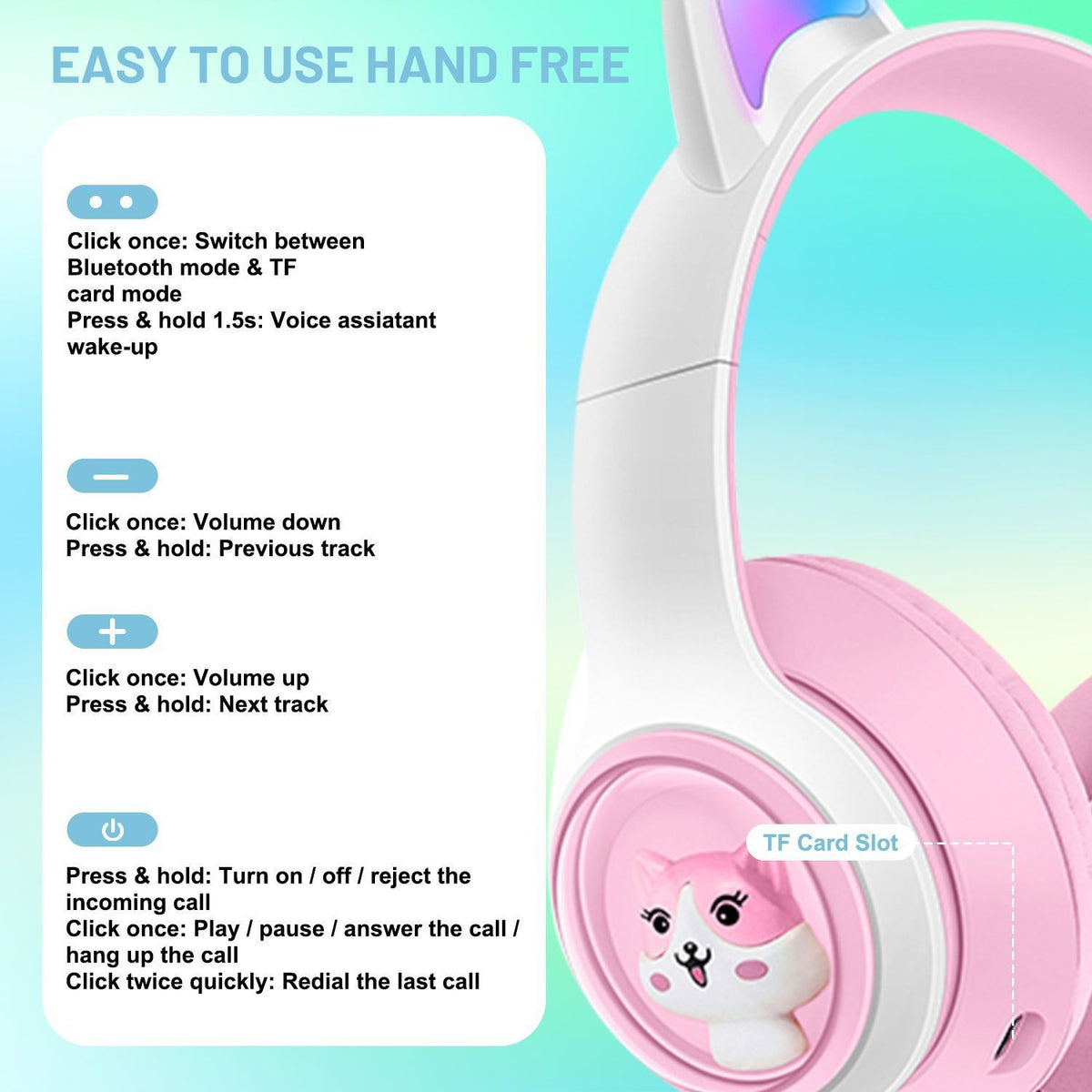 Cat Ear Wireless Headphones | Bluetooth 5.3 | LED Lights | TF Card Slot | Blue