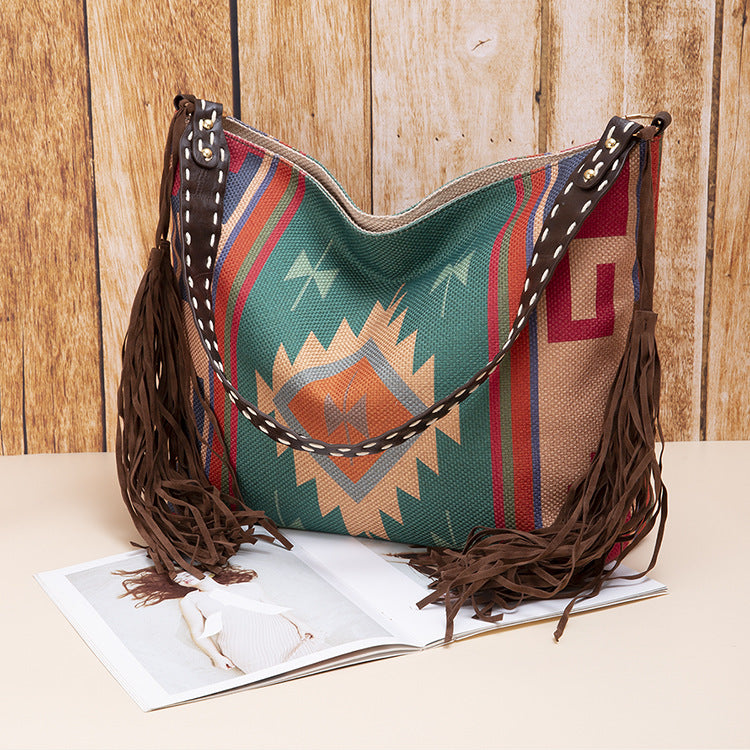Bohemian Canvas Hobo Bag | Large Shoulder Tote | Tassels & Geometric Print | Green