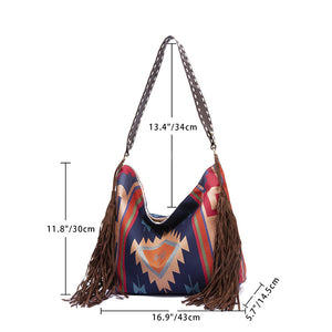 Bohemian Canvas Hobo Bag | Large Shoulder Tote | Tassels & Geometric Print | Green