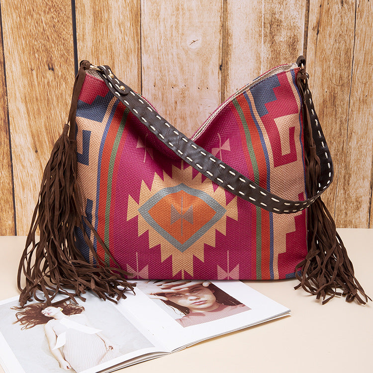 Bohemian Canvas Hobo Bag | Large Shoulder Tote | Tassels & Geometric Print | Purple