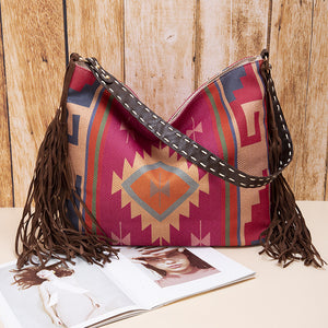 Bohemian Canvas Hobo Bag | Large Shoulder Tote | Tassels & Geometric Print | Purple