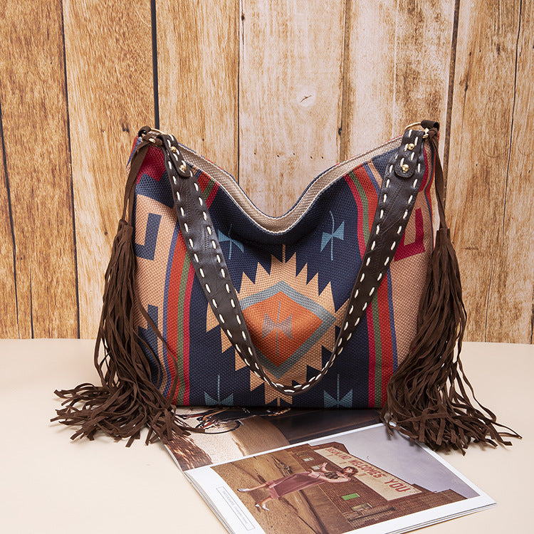 Bohemian Canvas Hobo Bag | Large Shoulder Tote | Tassels & Geometric Print | Blue