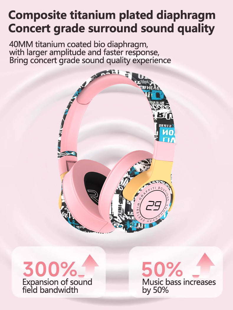 Wireless Headphones | Graffiti Design | Bluetooth 5.1 | 360° Surround Sound | 12h Playtime | Pink