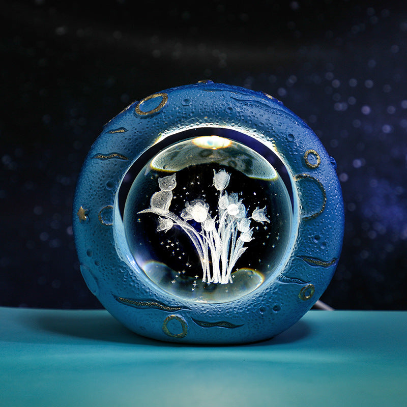 Crystal Ball Lamp | Celestial Ring LED | 3D Engraving | Unique Gift | Tulip Design