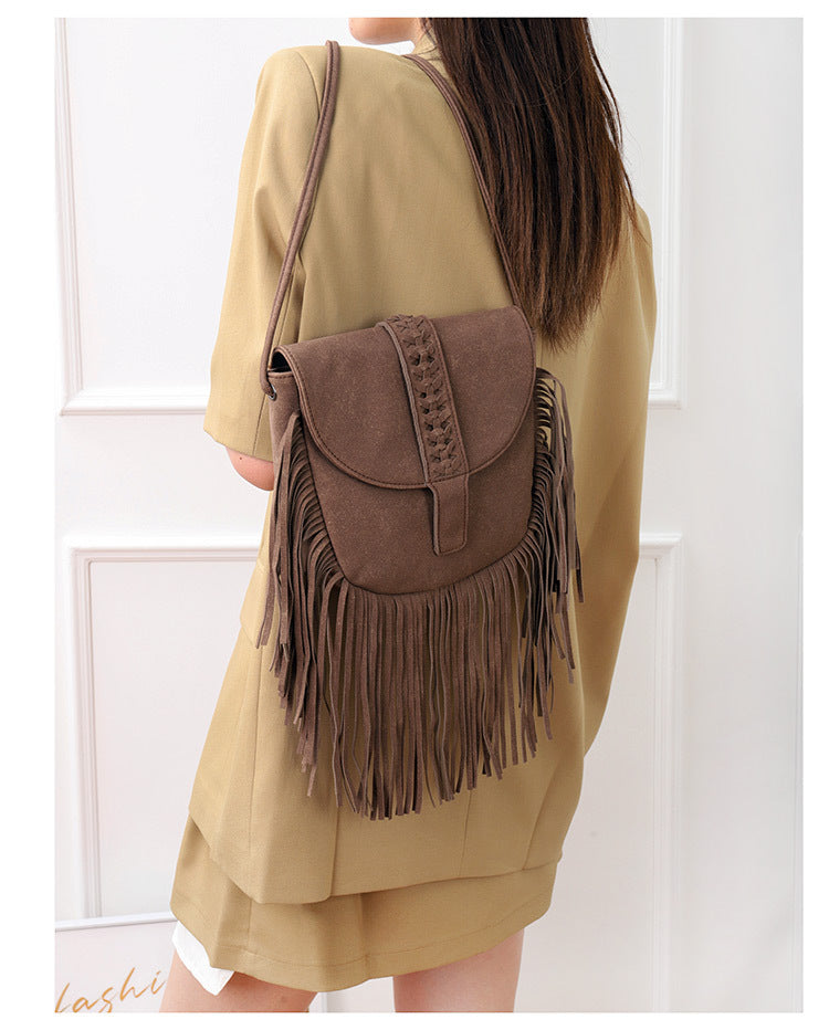 Bohemian Fringe Crossbody Bag | Brown | Suede-Look PU Leather | Braided Strap + Fringe Detail