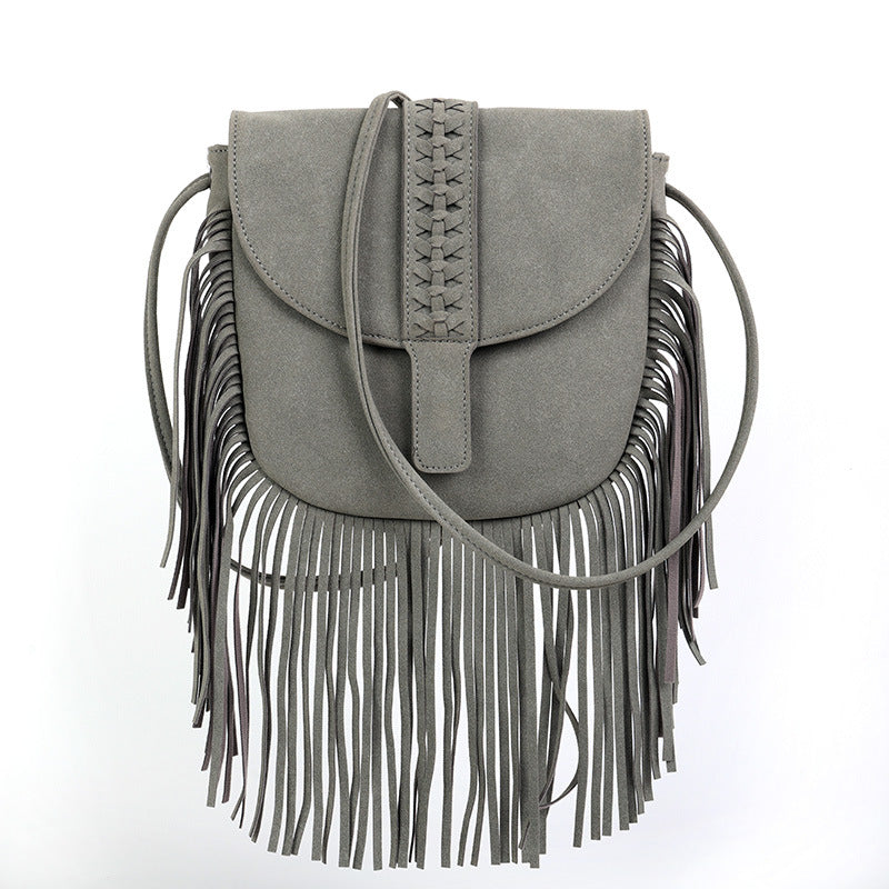 Bohemian Fringe Crossbody Bag | Grey | Suede-Look PU Leather | Braided Strap + Fringe Detail