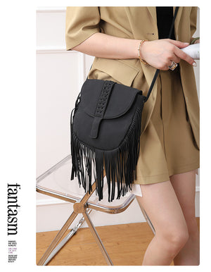 Bohemian Fringe Crossbody Bag | Grey | Suede-Look PU Leather | Braided Strap + Fringe Detail