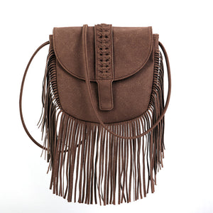 Bohemian Fringe Crossbody Bag | Coffee | Suede-Look PU Leather | Braided Strap + Fringe Detail