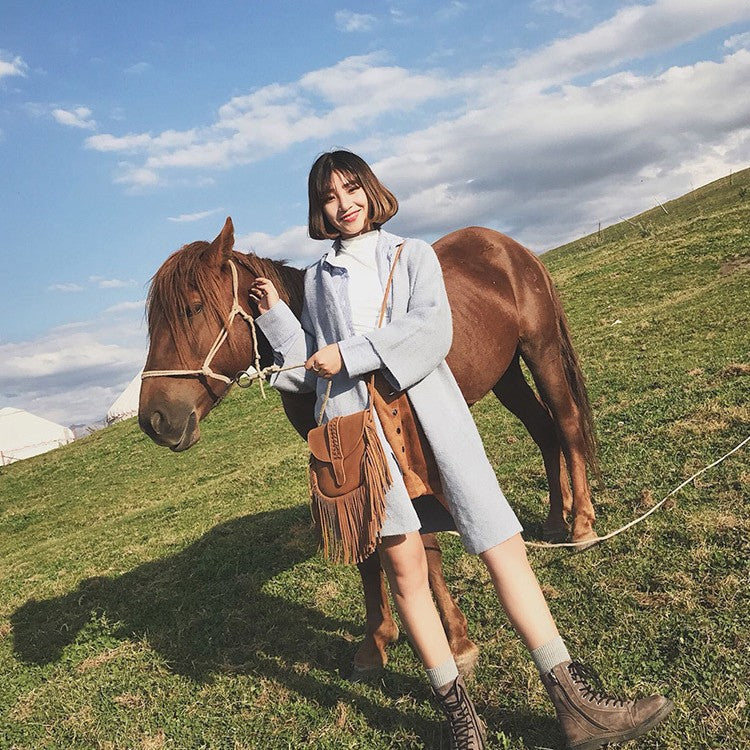 Bohemian Fringe Crossbody Bag | Coffee | Suede-Look PU Leather | Braided Strap + Fringe Detail