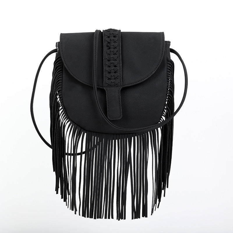 Bohemian Fringe Crossbody Bag | Black | Suede-Look PU Leather | Braided Detail + Adjustable Strap