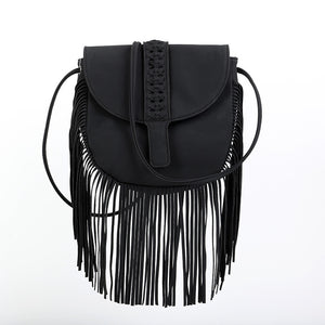 Bohemian Fringe Crossbody Bag | Black | Suede-Look PU Leather | Braided Detail + Adjustable Strap