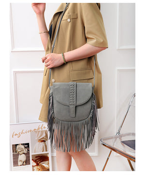 Bohemian Fringe Crossbody Bag | Black | Suede-Look PU Leather | Braided Detail + Adjustable Strap