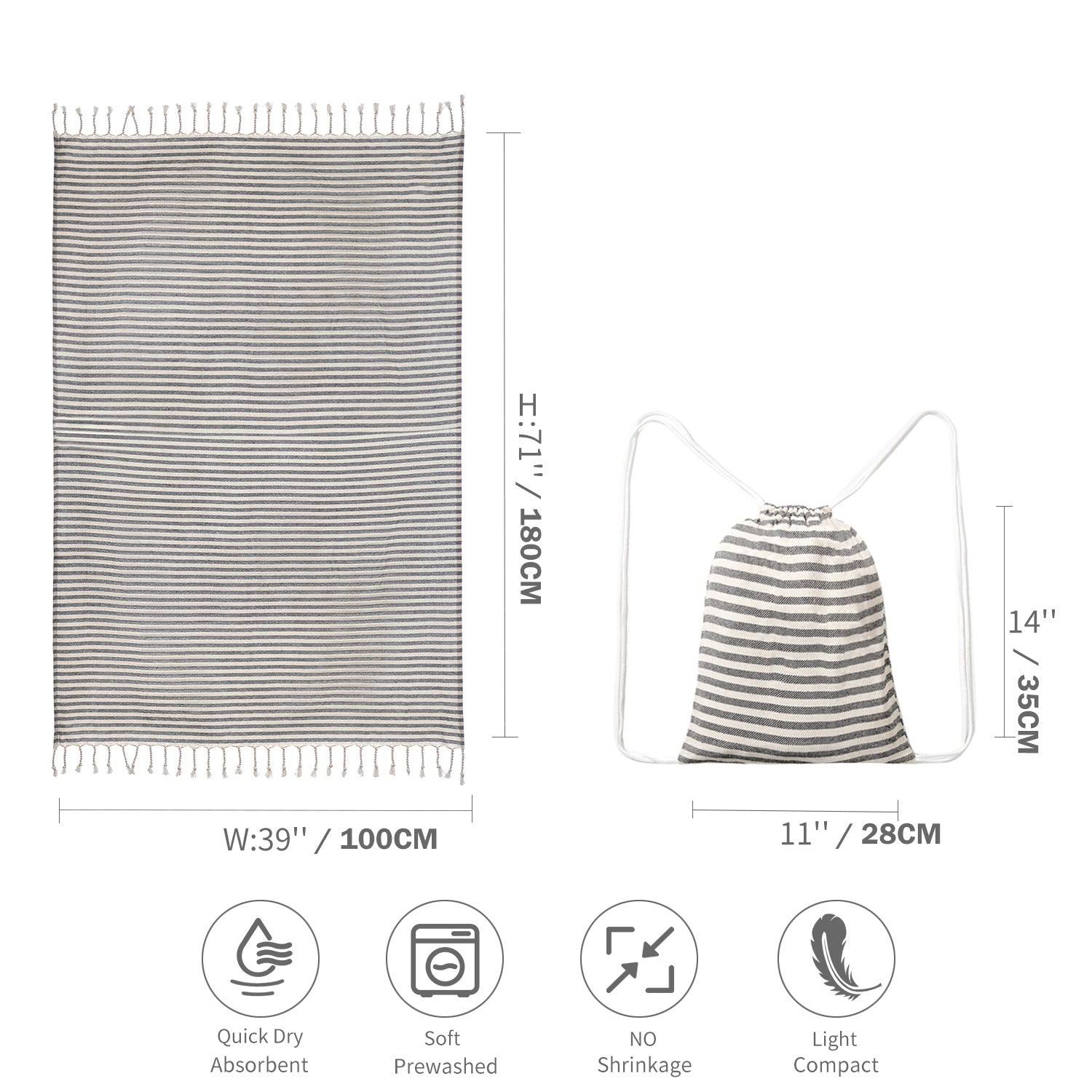 Drawstring Tote Bag | Nylon | Chic Lightweight | Multi-Pocket Casual | Black