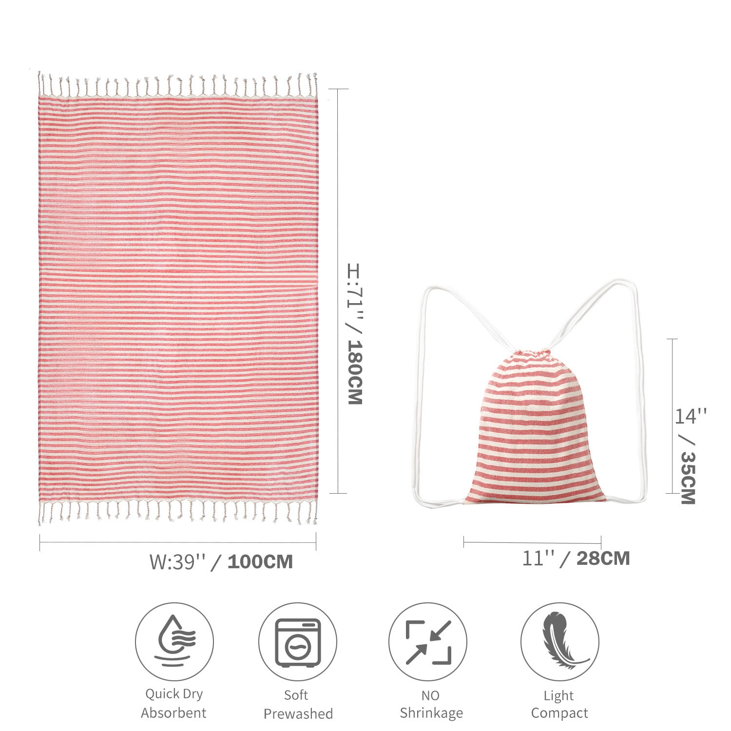 Drawstring Tote Bag | Nylon | Chic Lightweight | Multi-Pocket Casual | Red