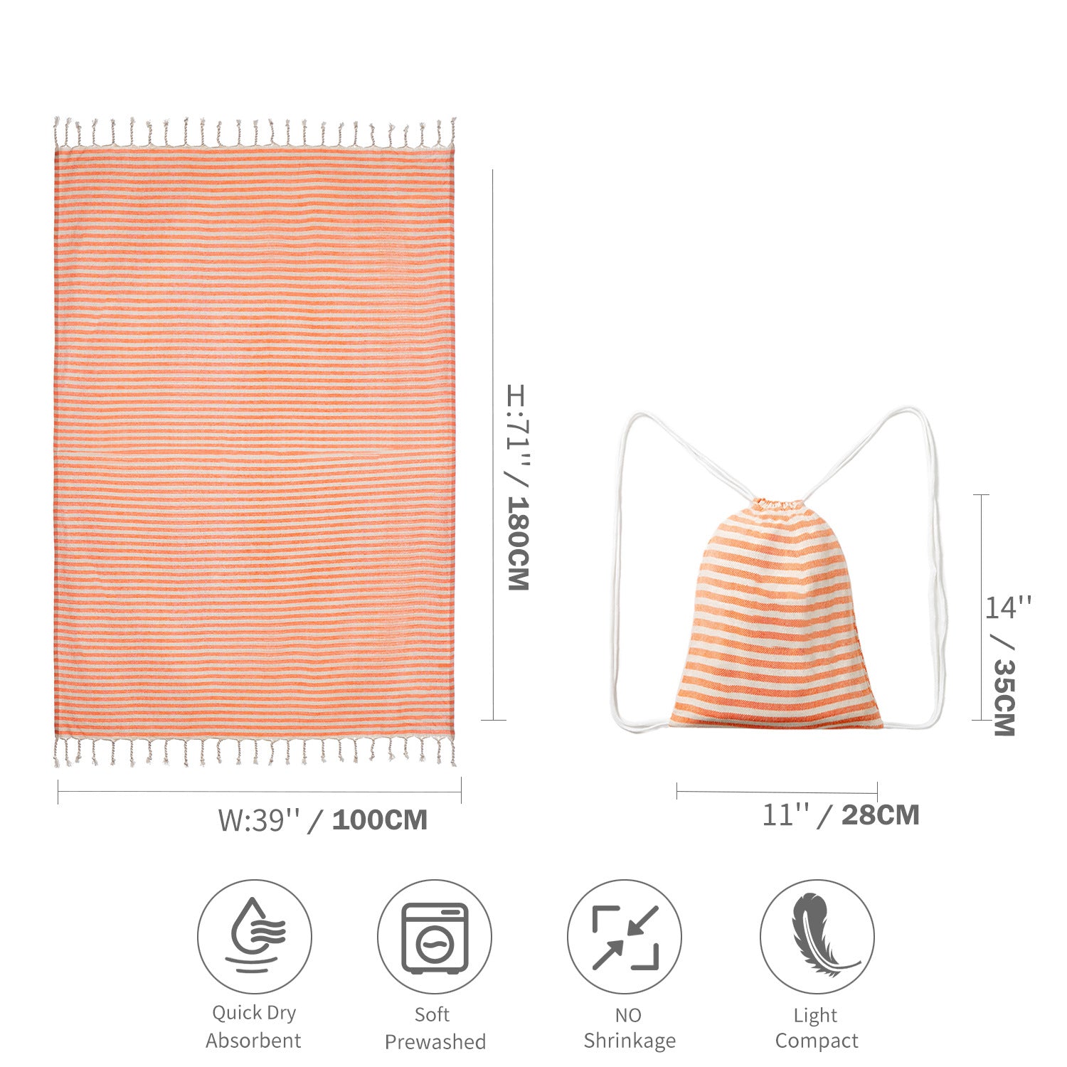 Drawstring Tote Bag | Nylon | Chic Lightweight | Multi-Pocket Casual | Orange