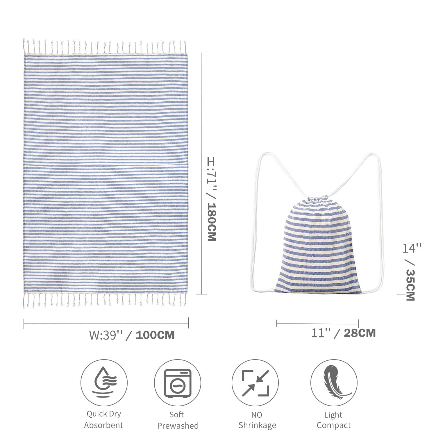 Drawstring Tote Bag | Nylon | Chic Lightweight | Multi-Pocket Casual | Blue