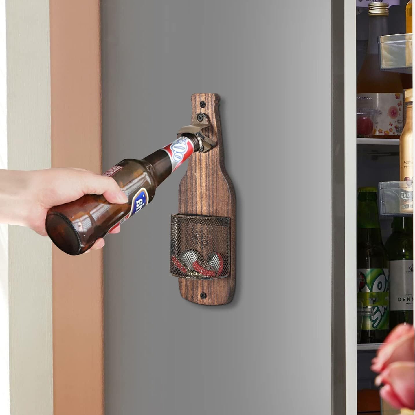Wall-Mounted Bottle Opener | Rustic Wood | With Cap Catcher | Vintage Bar & Kitchen Tool | Brown