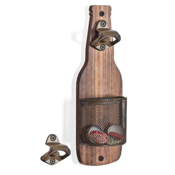 Wall-Mounted Bottle Opener | Rustic Wood | With Cap Catcher | Vintage Bar & Kitchen Tool | Brown