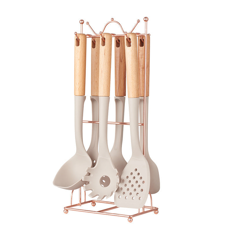 Silicone Kitchen Utensil Set | 7-Piece | Non-Stick Safe | Wooden Handles | Rose Gold Stand | Beige