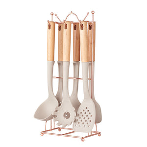 Silicone Kitchen Utensil Set | 7-Piece | Non-Stick Safe | Wooden Handles | Rose Gold Stand | Beige