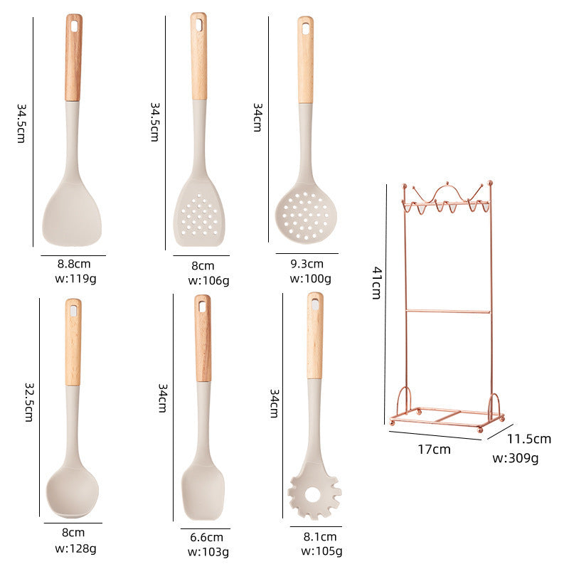 Silicone Kitchen Utensil Set | 7-Piece | Non-Stick Safe | Wooden Handles | Rose Gold Stand | Beige