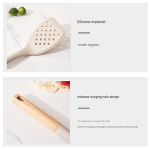 Silicone Kitchen Utensil Set | 7-Piece | Non-Stick Safe | Wooden Handles | Rose Gold Stand | Beige