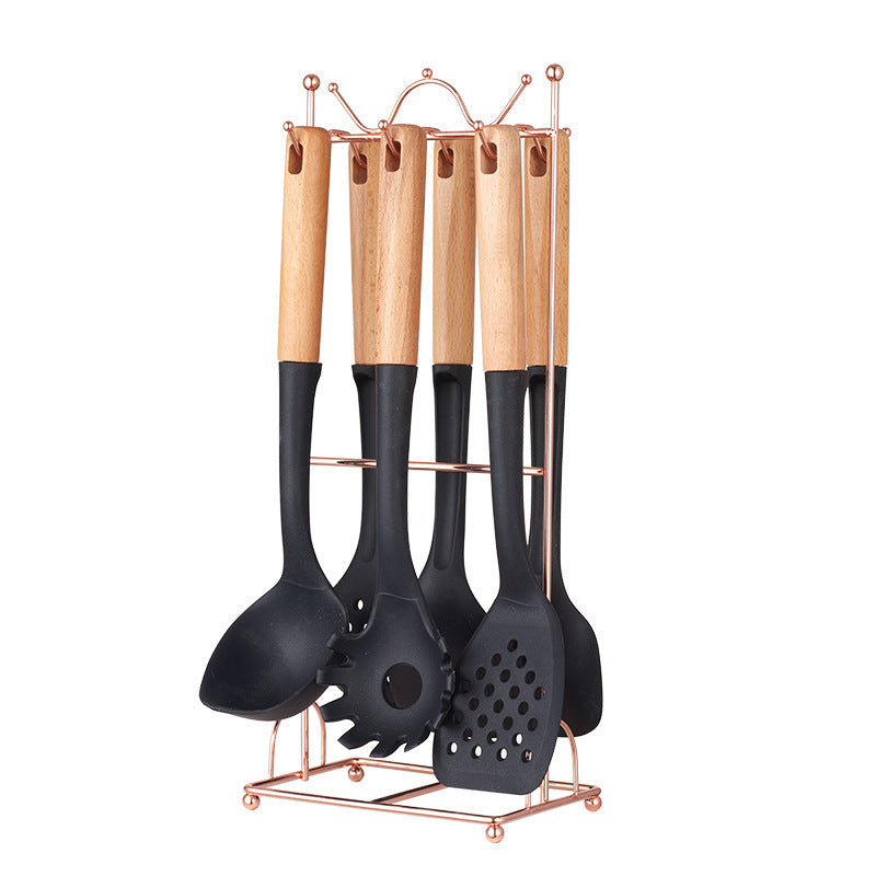 Silicone Kitchen Utensil Set | 7-Piece | Non-Stick Safe | Wooden Handles | Rose Gold Stand | Black