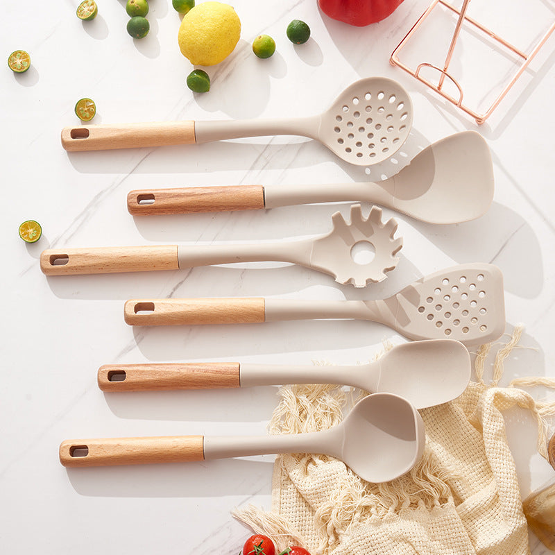 Silicone Kitchen Utensil Set | 7-Piece | Non-Stick Safe | Wooden Handles | Rose Gold Stand | Black