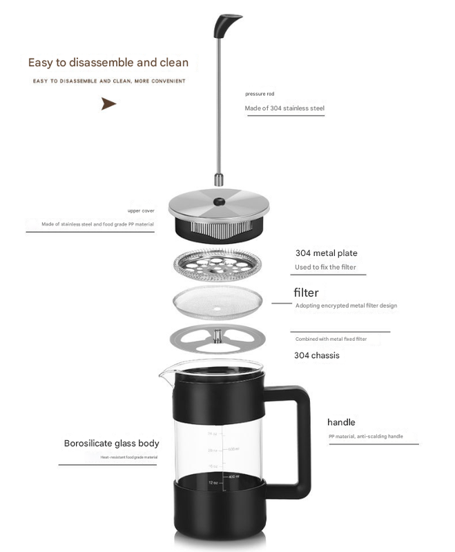 French Press Coffee Maker | 1000ml | Black | Borosilicate Glass & Stainless Steel Filter