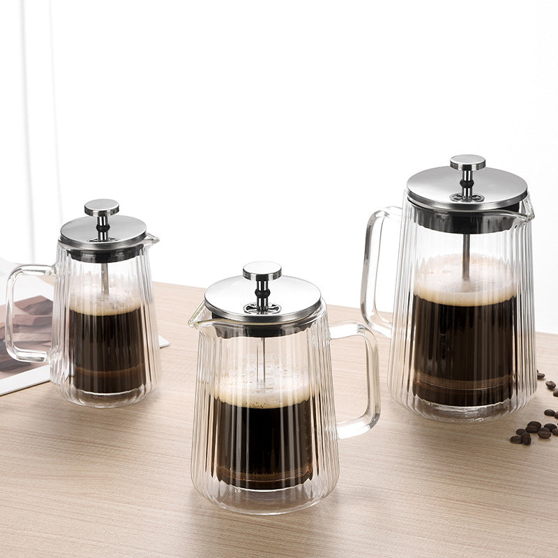 Double Wall French Press | 1000ml | Ribbed Glass | Heat Resistant | Tea & Coffee