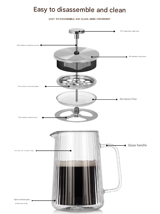 Double Wall French Press | 1000ml | Ribbed Glass | Heat Resistant | Tea & Coffee